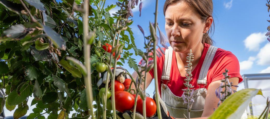 Gardener tending tomato plants in healthy garden soil amended with biochar.